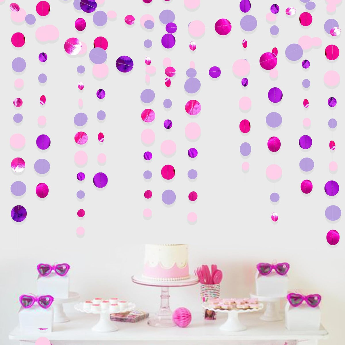 Pink and Purple Party Decorations Circle Dots Garland Hot Pink Lavender Hanging Polka Dot Streamer for Birthday Bridal Shower Wedding Bachelorette Anniversary Party Supplies