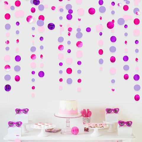 Pink and Purple Party Decorations Circle Dots Garland Hot Pink Lavender Hanging Polka Dot Streamer for Birthday Bridal Shower Wedding Bachelorette Anniversary Party Supplies