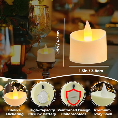 Flameless Tea Lights Set of 24 Realistic Battery Operated Candles with Climbing Flame Effect, Cozy Ambient Candles for Wedding Party Home & Table Decor, 150H+ Battery Included (Ivory)