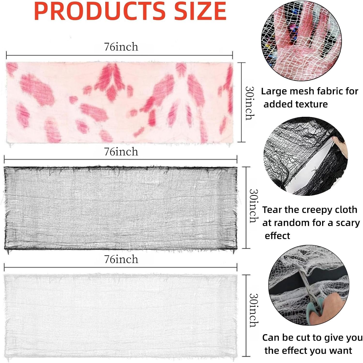 Sunlisky Halloween Creepy Cloth 8 Pack(3 Black, 3 White, 2 Red), 76x30in Cotton Gauze Fabric, Spider Web, Black Cheesecloth, Spooky Home Decor, Halloween Decorations Indoor Outdoor Party Haunted House