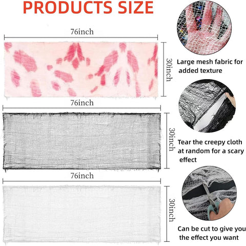 Sunlisky Halloween Creepy Cloth 8 Pack(3 Black, 3 White, 2 Red), 76x30in Cotton Gauze Fabric, Spider Web, Black Cheesecloth, Spooky Home Decor, Halloween Decorations Indoor Outdoor Party Haunted House