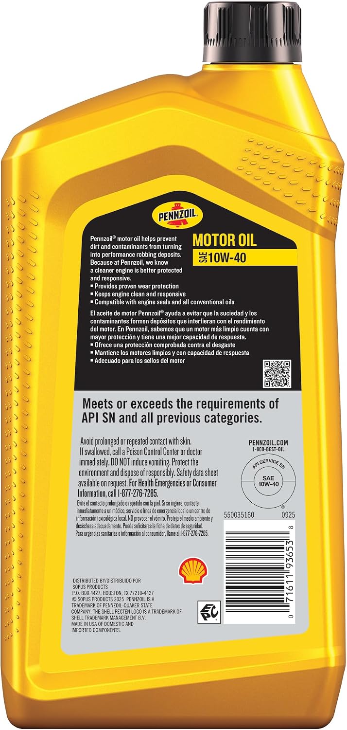 Pennzoil 10W-40 Motor Oil, 1 Quart (6 Pack)