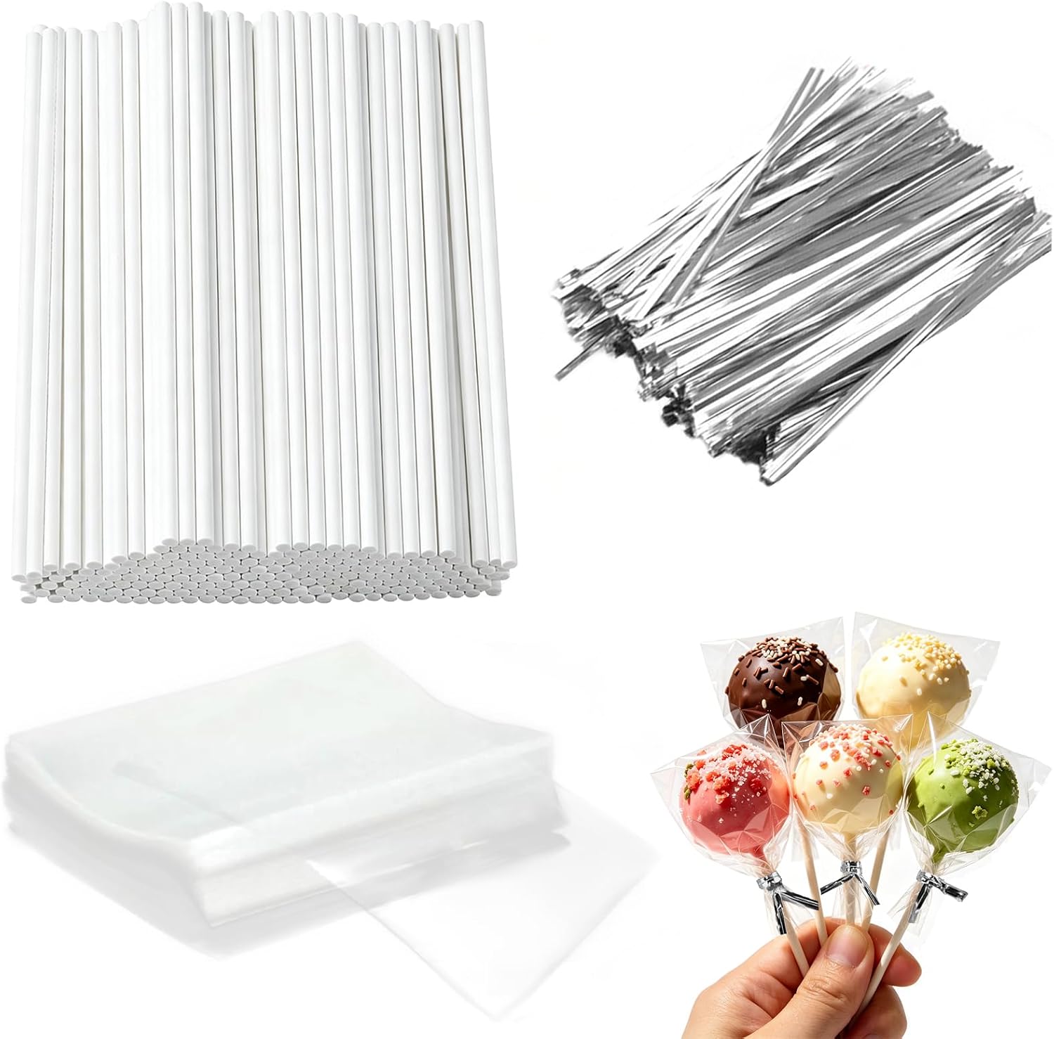 Basquei Cake Pop Sticks 6 Inches, Cake Pop Bags (3.9"X4.7"), Silver Metallic Twist Ties, 300 Pcs Cake Pop Kit Used for, Lollipops Cake, Candies, Chocolates Making Tools