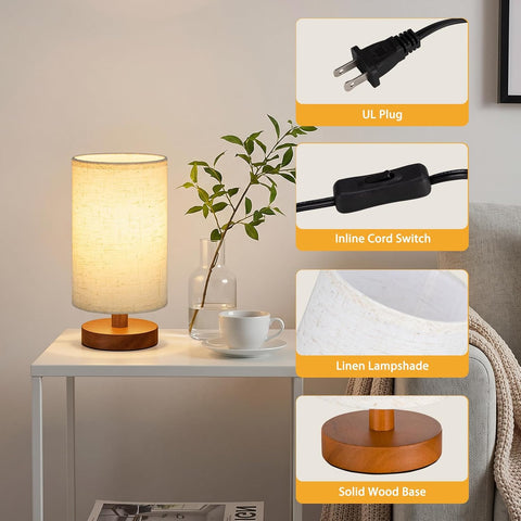Fenmzee 8.5" Small Lamp for Bedroom - Light Beige Shade & Walnut Base