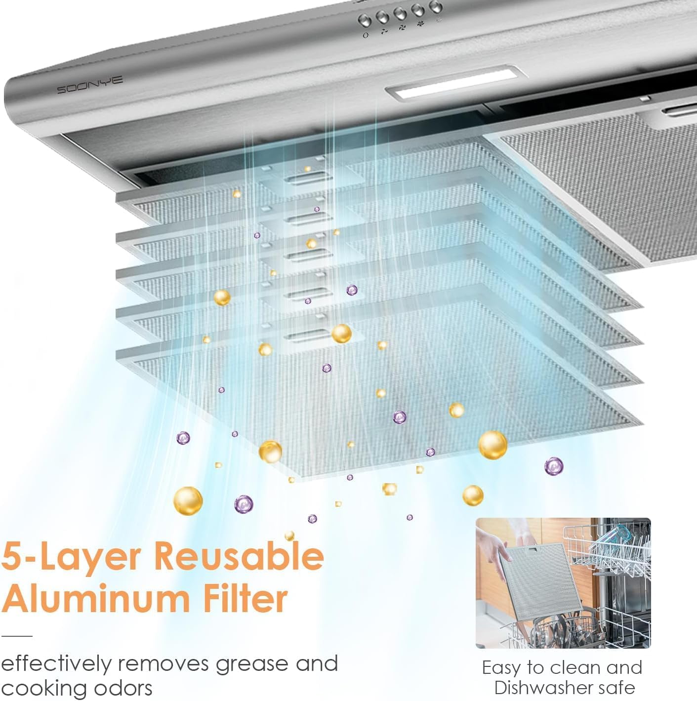 30 inch Stainless Steel Under Cabinet Range Hood, Slim Kitchen Vent Hood Ducted/Ductless Convertible with 3 Speed Controls, 5-Layer Aluminum Filters,LED Lights (Stainless Steel)