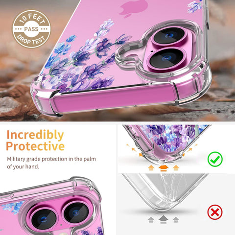 for iPhone 16 Plus Case with Screen Protector, Clear Floral Case