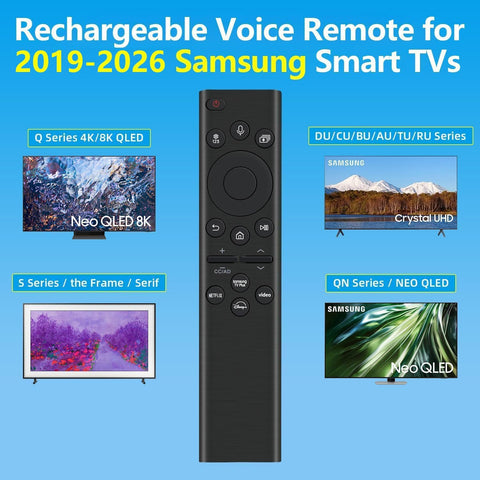 Rechargeable TV Remote for Samsung Smart TVs, Replacement for All 2019-2026 Samsung TV Remote Control with Voice Control. USB-C Fast Charging. Solar Charging. 2-Year Warranty.