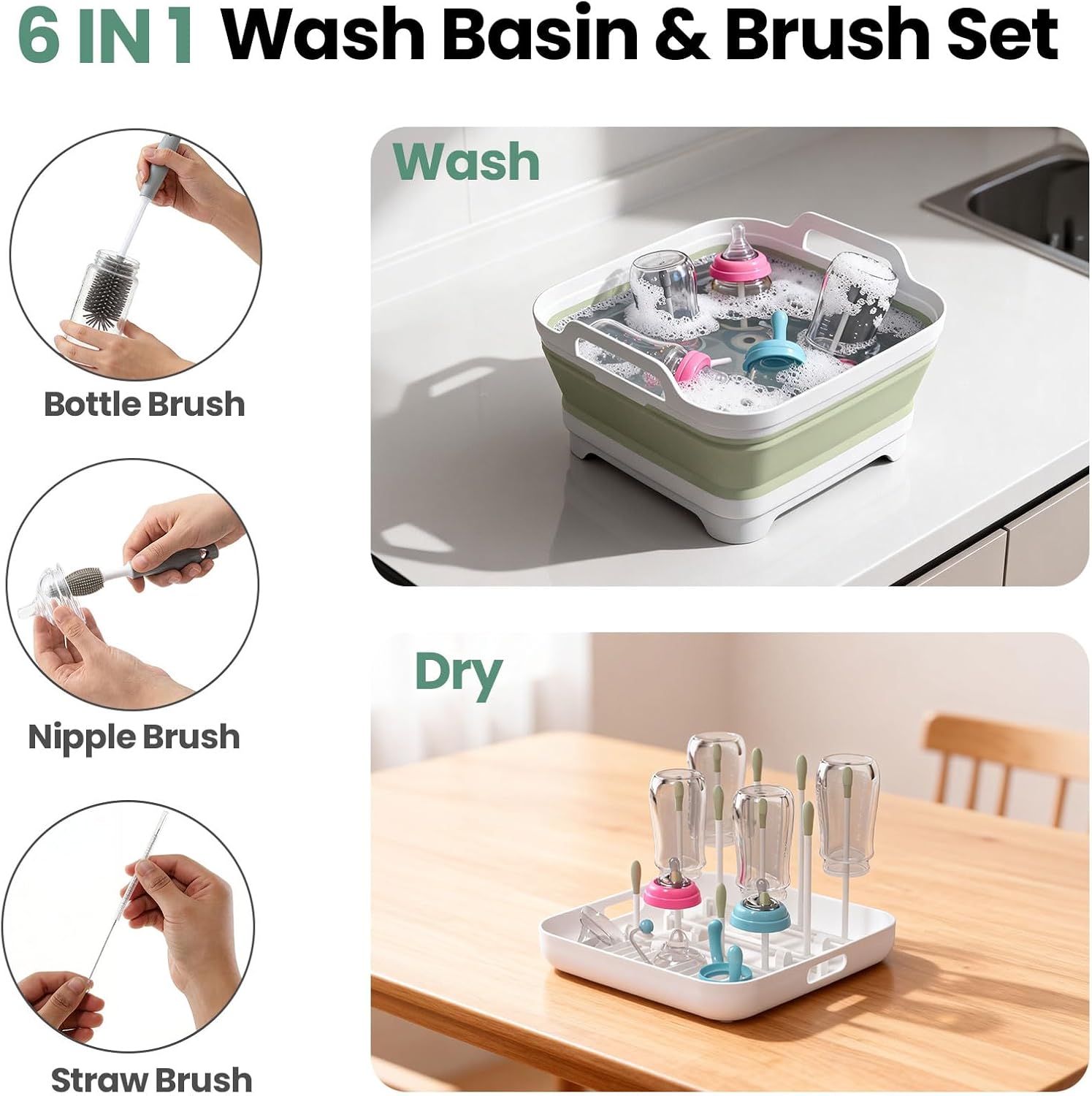 Volnamal Collapsible Wash Basin with Drying Rack & Drain Plug (Green)