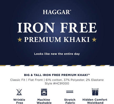 Haggar Men's Big & Tall Iron Free Premium Classic Fit Flat-Front Khaki