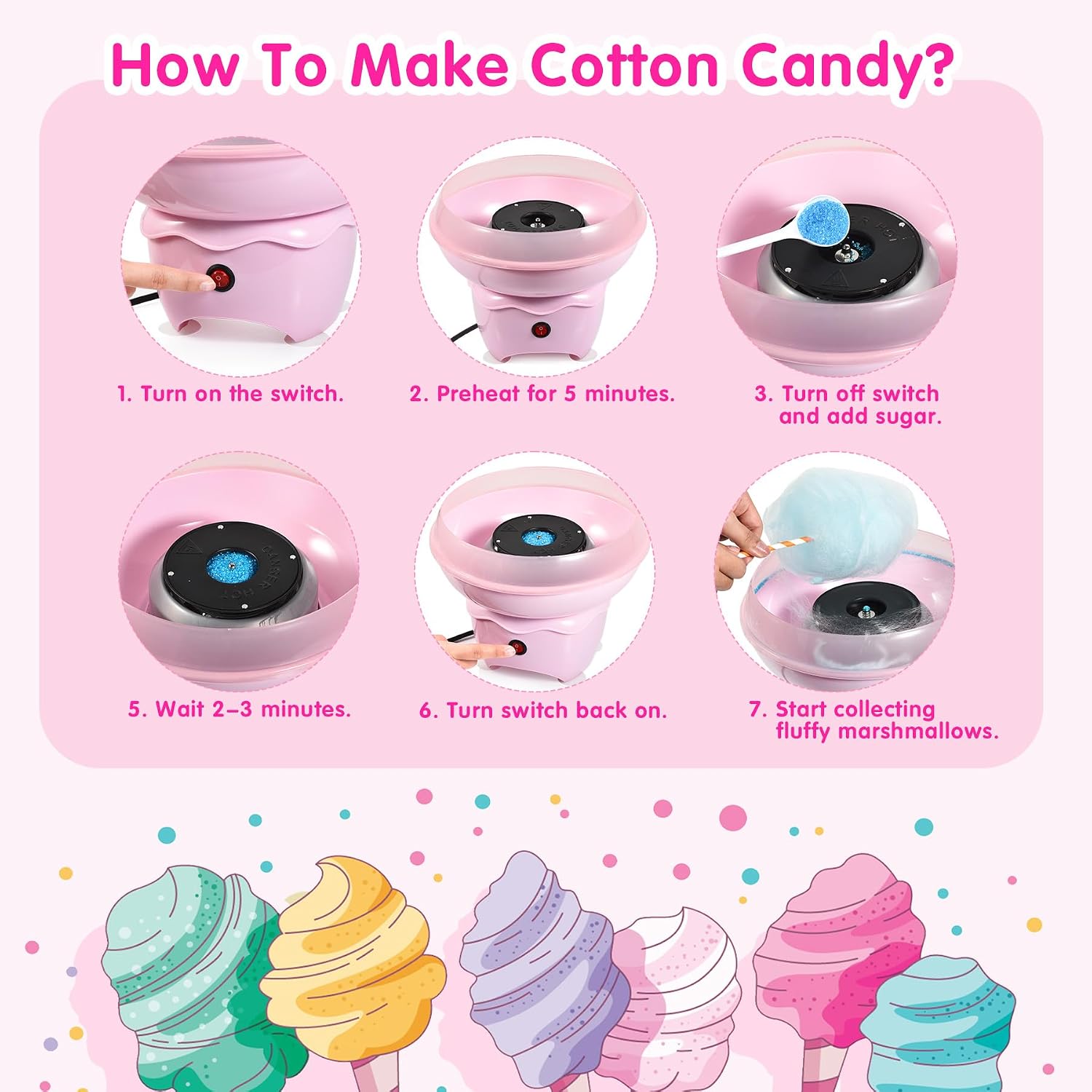 Cotton Candy Machine, Mini Cotton Candy Maker for Kids, Pink Vintage Candy Maker for Christmas Gift, Home, Birthday Family Party, Includes 20 Cotton Candy Sticks & Sugar Scoop