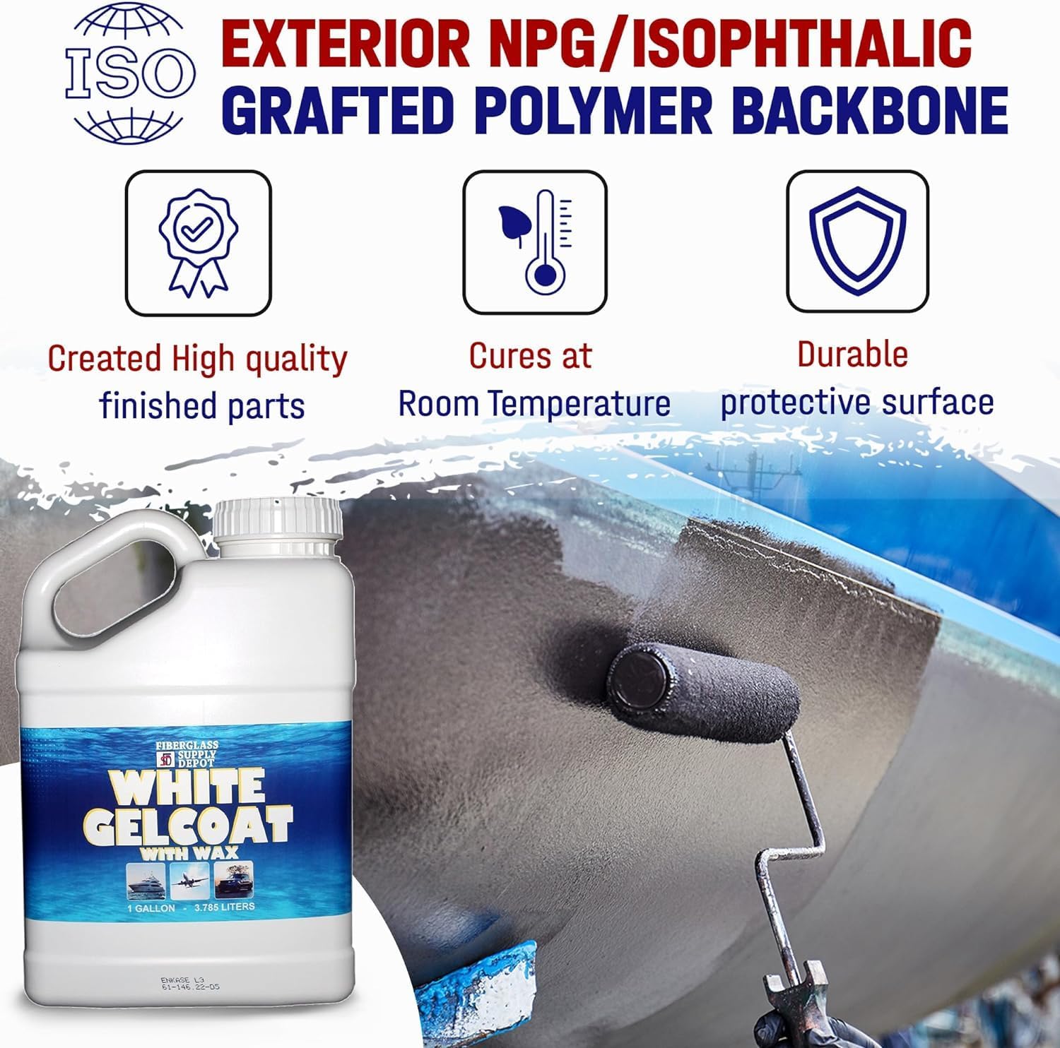 Fiberglass Supply Depot White Gelcoat with Wax – UV-Resistant Marine Gelcoat for Interior & Exterior Use – Gallon Kit with 60cc MEKP Hardener