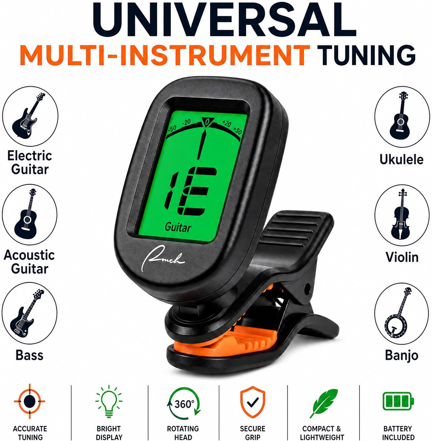 Ranch Clip-On Tuner for Guitar Bass Ukulele Violin Banjo - Chromatic