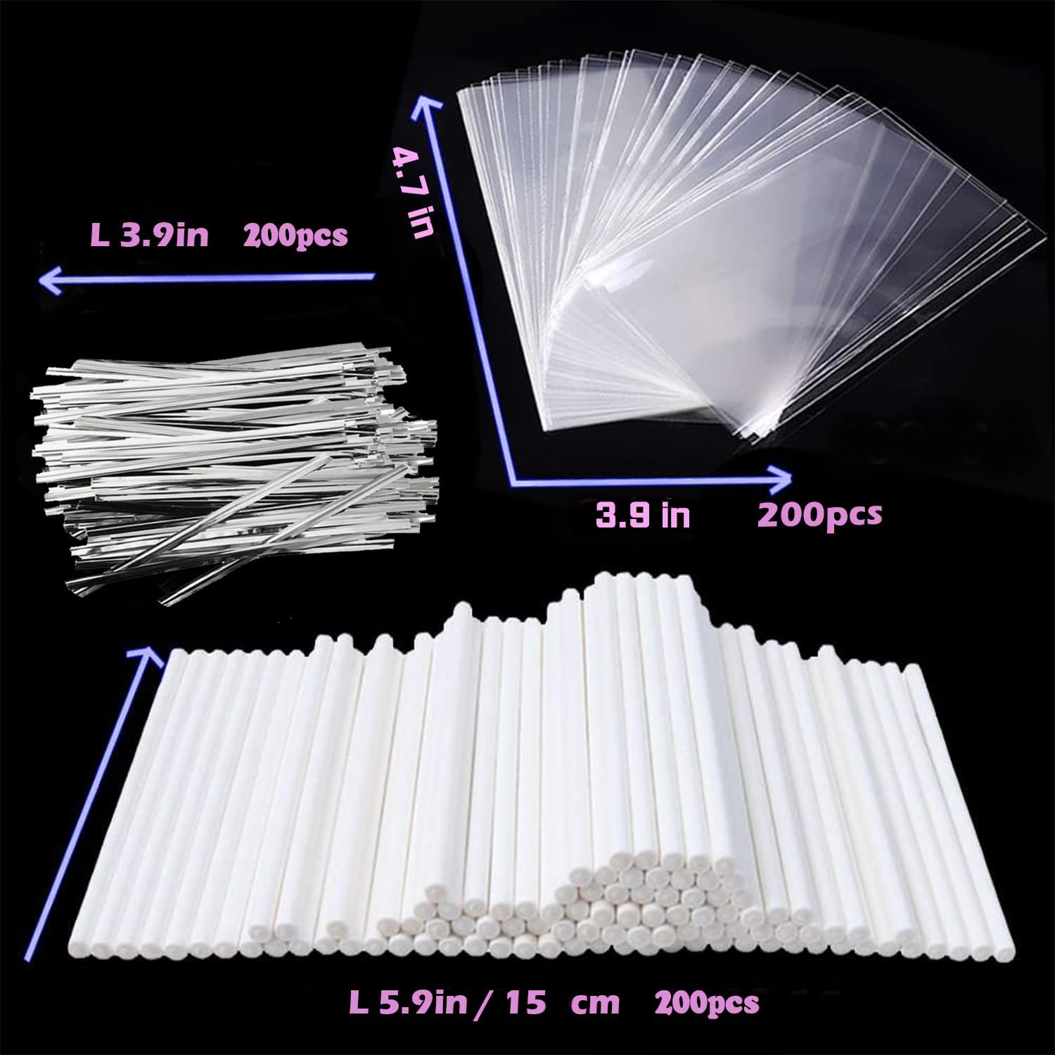 Basquei Cake Pop Sticks 6 Inches, Cake Pop Bags (3.9"X4.7"), Silver Metallic Twist Ties, 600 Pcs Cake Pop Kit Used for, Lollipops Cake, Candies, Chocolates Making Tools