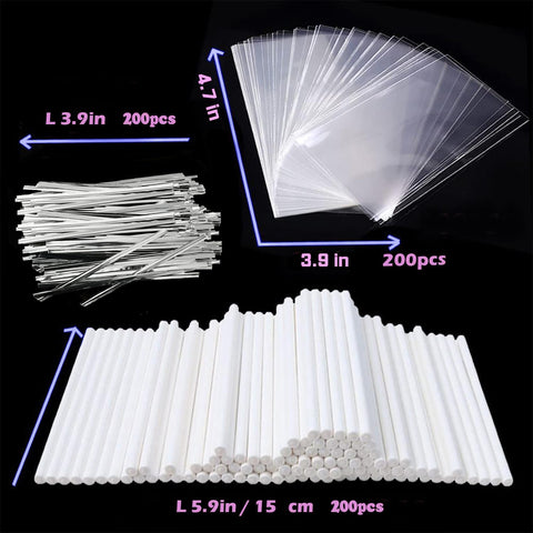 Basquei Cake Pop Sticks 6 Inches, Cake Pop Bags (3.9"X4.7"), Silver Metallic Twist Ties, 600 Pcs Cake Pop Kit Used for, Lollipops Cake, Candies, Chocolates Making Tools