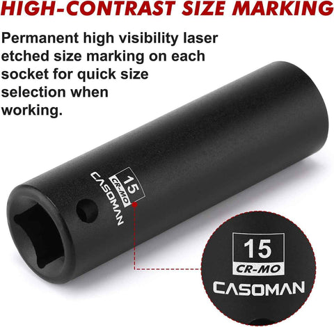 CASOMAN 1/2" Drive x 15mm Deep Impact Socket, 6-Point, Metric, CR-MO