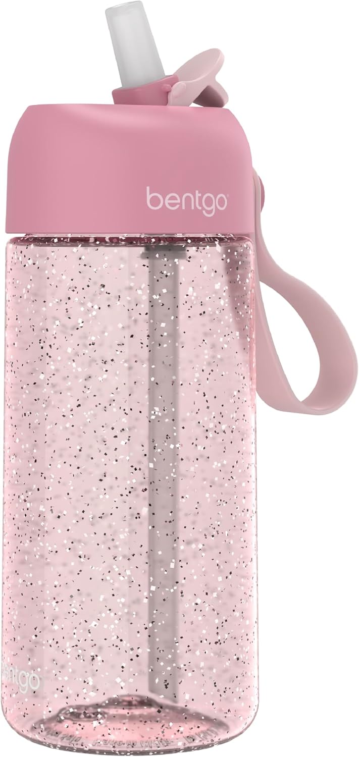 Bentgo Kids Water Bottle - Leak-Proof, Durable Tritan PFAS- & BPA-Free 15 fl oz, Kids/Toddlers Ages 3+ for School & Sports; Bite & Sip Spout, Carrying Handle, Dishwasher Safe (Petal Pink - Glitter)
