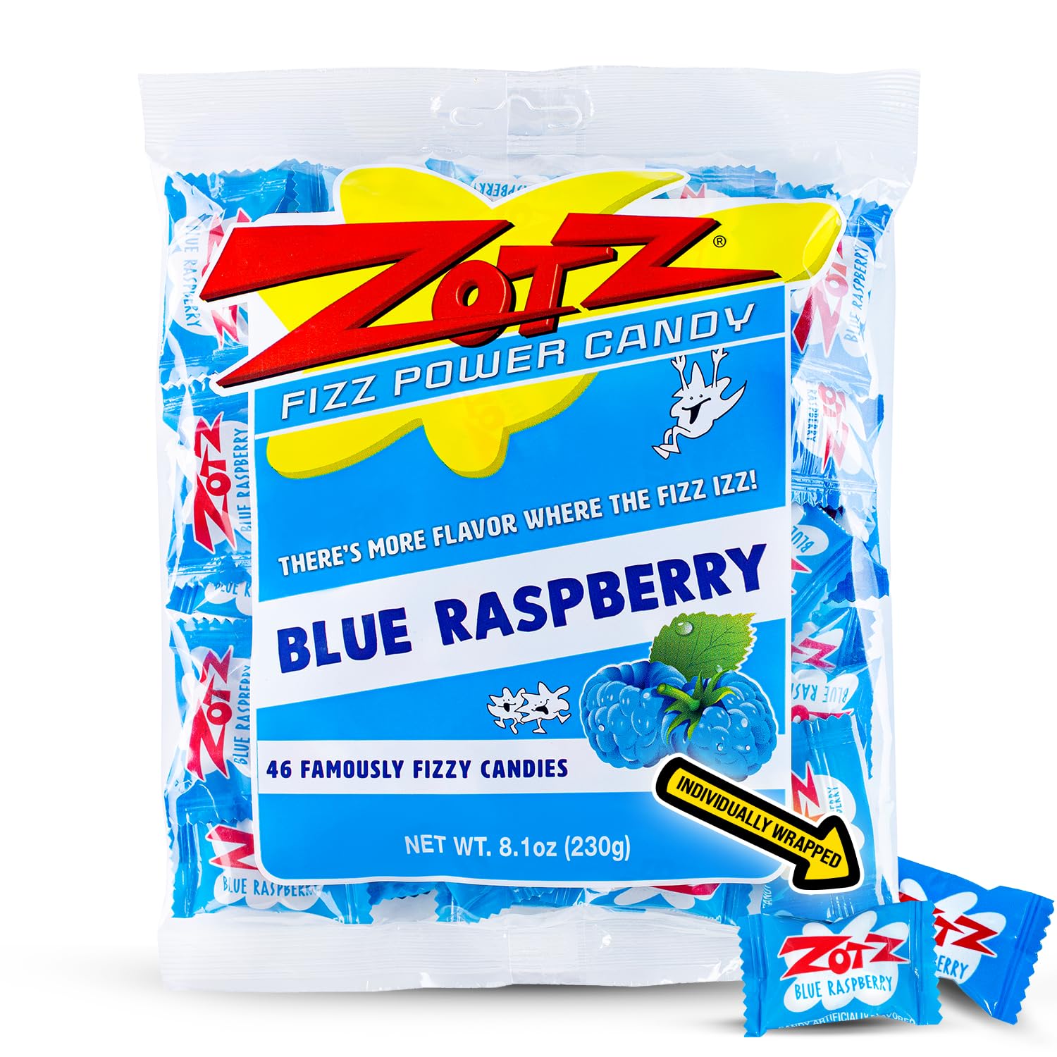 ZOTZ Fizzy Sour Candy Bulk - Retro Italian Hard Candy Individually Wrapped - Classic Nostalgic Blue Raspberry Flavor - 46 Pieces Bag for Party Favors, Goodie Bags, Piñata & Candy Buffet