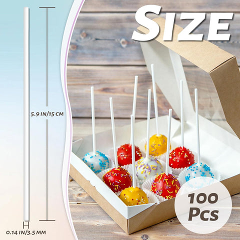 100 Pcs White Lollipop Sticks,6 Inch Paper Cake Pop Sticks,Lollipop Treat Sticks for Cake Pops,Homemade Candy,Chocolate,Cookie,Dessert(Dia 3.5mm)