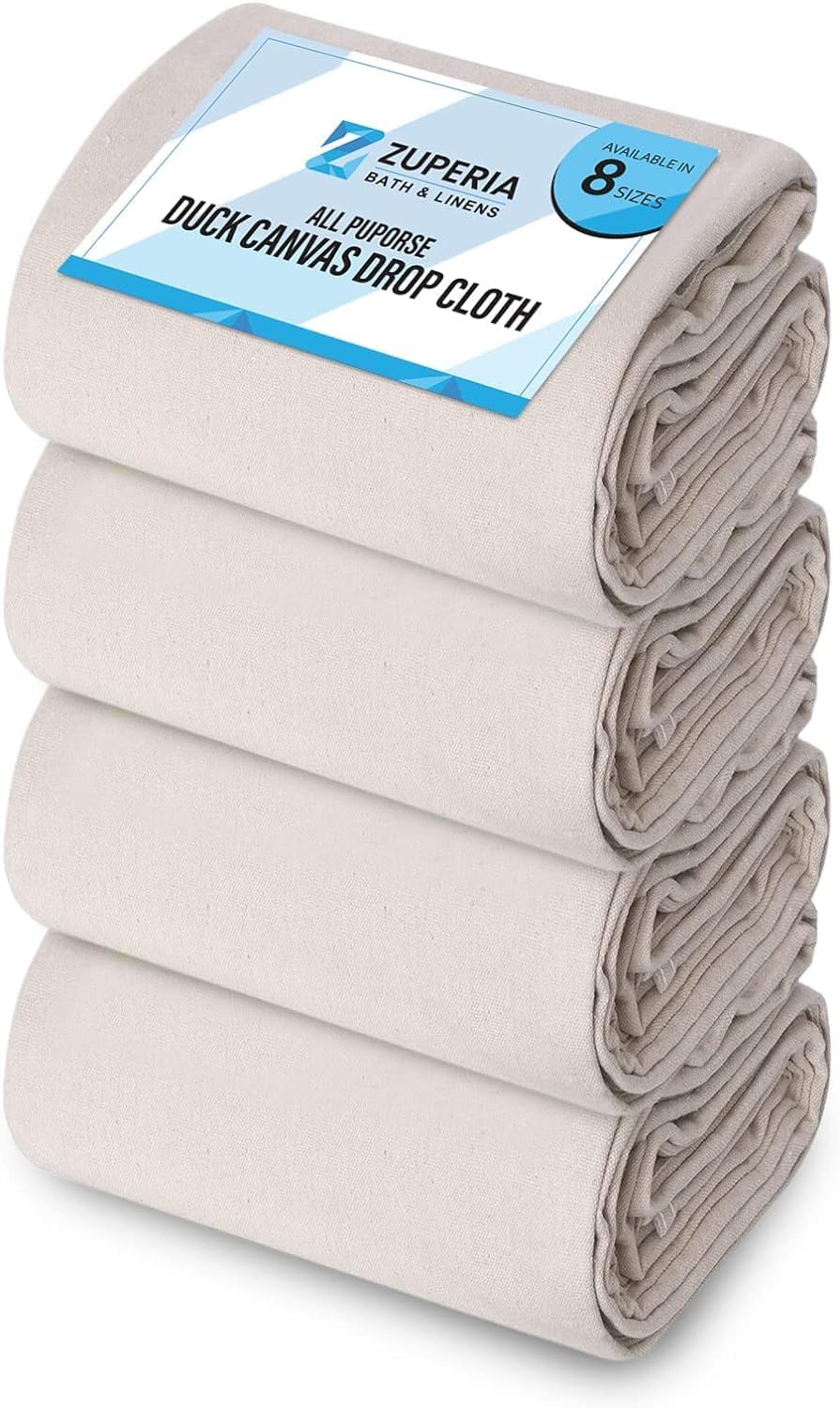 ZUPERIA Canvas Drop Cloth for Painting (Size 4' x12' Feet Pack of 4) Painters Drop Cloth for Painting, Furniture & Floor Protection All Purpose Thick Canvas tarp with Double Stitched Edges