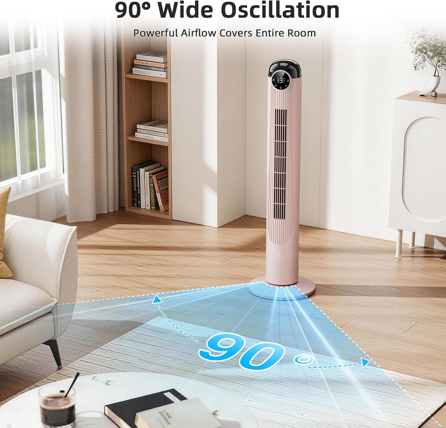 Antarctic Star T42 Tower Fan, 42 Inch DC Brushless Motor Bladeless Oscillating Fan with Remote, 6 Speeds & 4 Modes,LED Display, 9H Timer, Quiet Floor Standing Fan for Bedroom Living Room Office, Pink