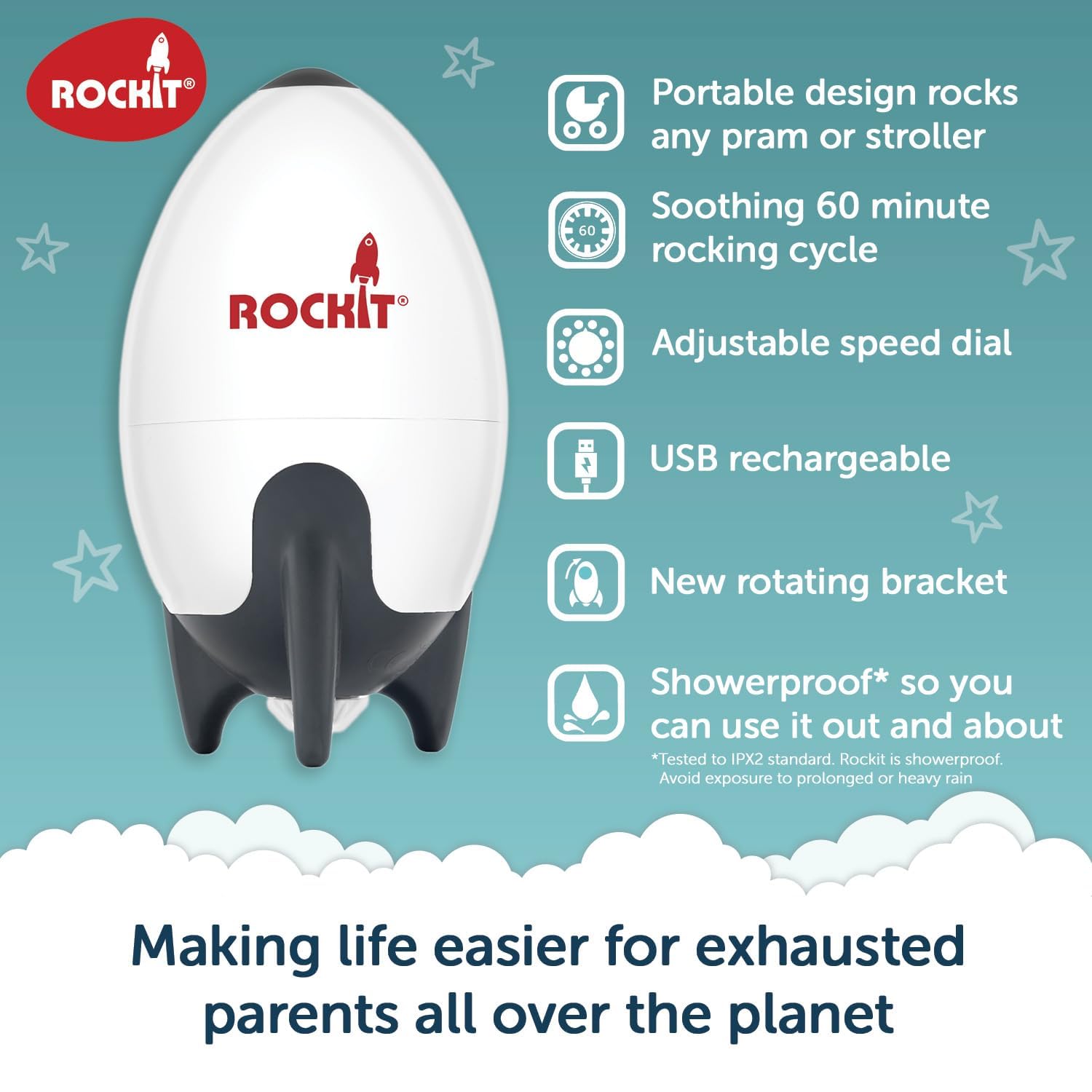 Rockit Rocker Rechargeable Pram Rocker - Baby Pushchair Rocking Device, Soothing Motion for Stroller or Buggy, Adjustable Speed, 60 Minute Timer, Universal Fit