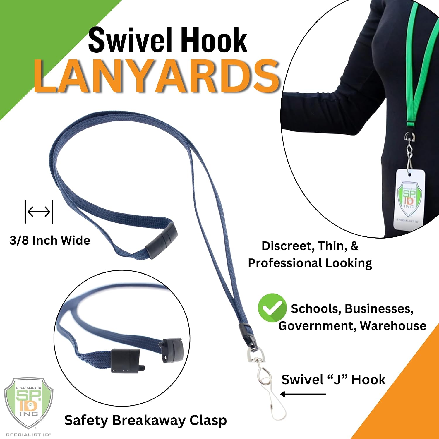 Bulk 100 Pack - Premium Flat Breakaway Lanyards for ID Badges & Badge Holders - 3/8" Wide Woven Safety Lanyard with Metal Swivel Hook for Teachers, Students, Cruise, Office (Navy Blue)