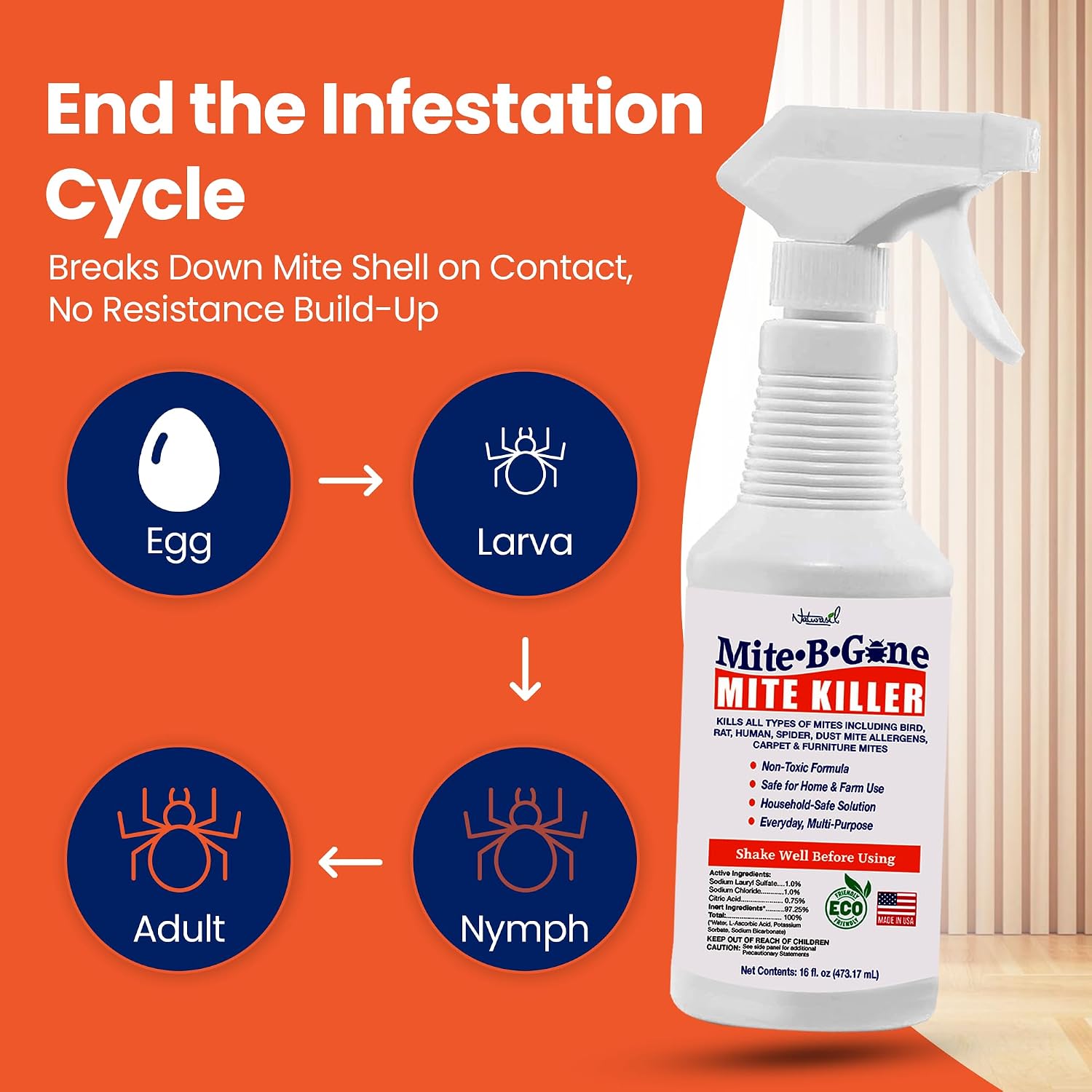 Mite-B-Gone Dust Mite Spray & Mite Killer for Home, Made in USA - 16 oz