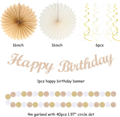 Beige Champagne Rose Gold Women-Girls Birthday Decorations - 21pcs Fall Boho Party Happy Banner, Peach Streamers,Paper Lanterns,Pom Poms Fans 16th 18th 20th 21st 30th Birthday Rustic Backdrop Huglony