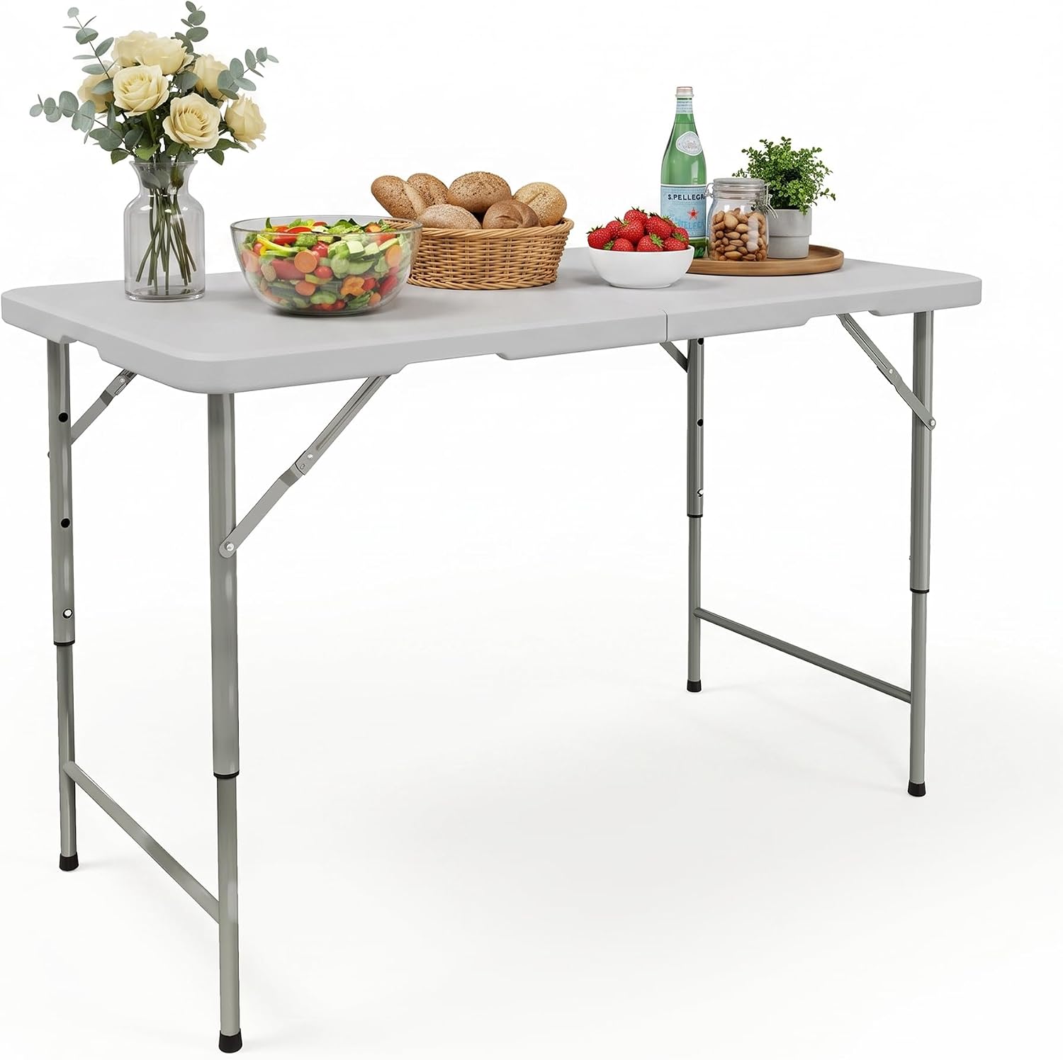 HULKFIT 4FT Folding Table, 3-Height Adjustable Portable Table with Carry Handle, Sturdy Steel Frame, Ideal for Indoor/Outdoor Dining, Parties, and Camping