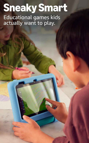 Amazon Fire 7 Kids tablet, ages 3-7. Top-selling 7" kids tablet on Amazon. Includes ad-free and exclusive content, easy parental controls, 10-hr battery, 16 GB, Blue