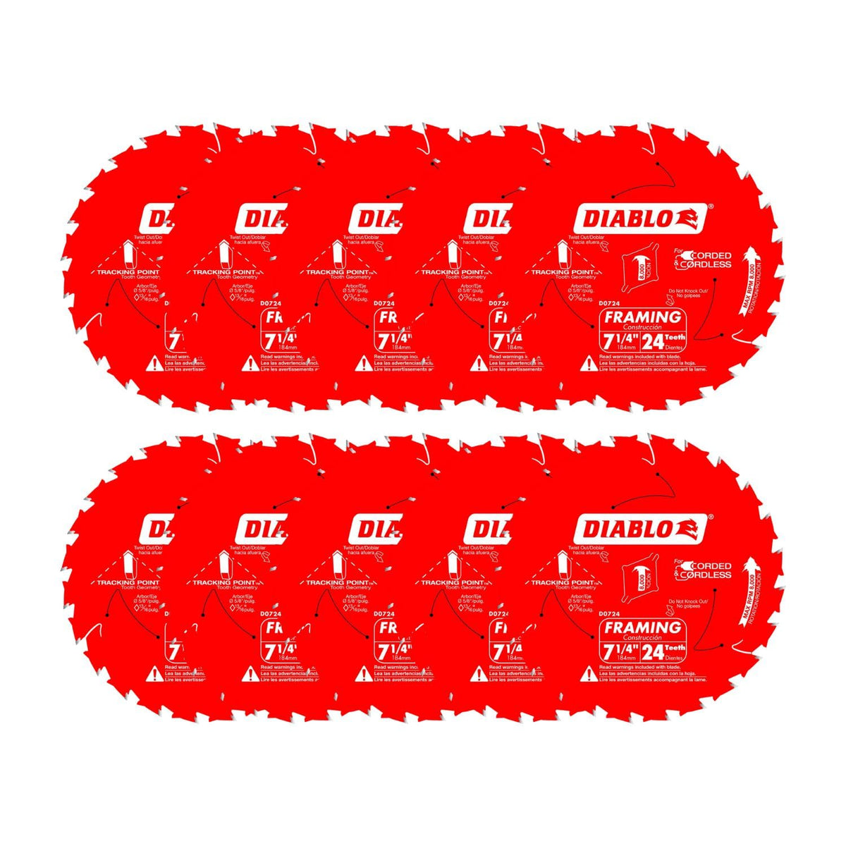 Diablo Framing Saw Blade for Wood - 7-1/4" x 24-Tooth, Thin Kerf, Anti-Vibration, Long Life for Framing & Pressure-Treated Wood, Tracking Point Tooth Design - Pack of 10 - D0724A