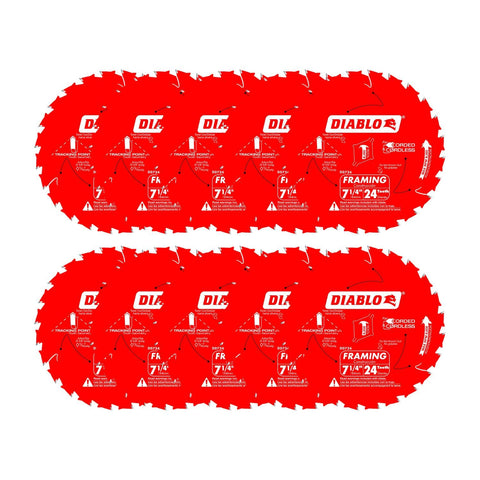 Diablo Framing Saw Blade for Wood - 7-1/4" x 24-Tooth, Thin Kerf, Anti-Vibration, Long Life for Framing & Pressure-Treated Wood, Tracking Point Tooth Design - Pack of 10 - D0724A