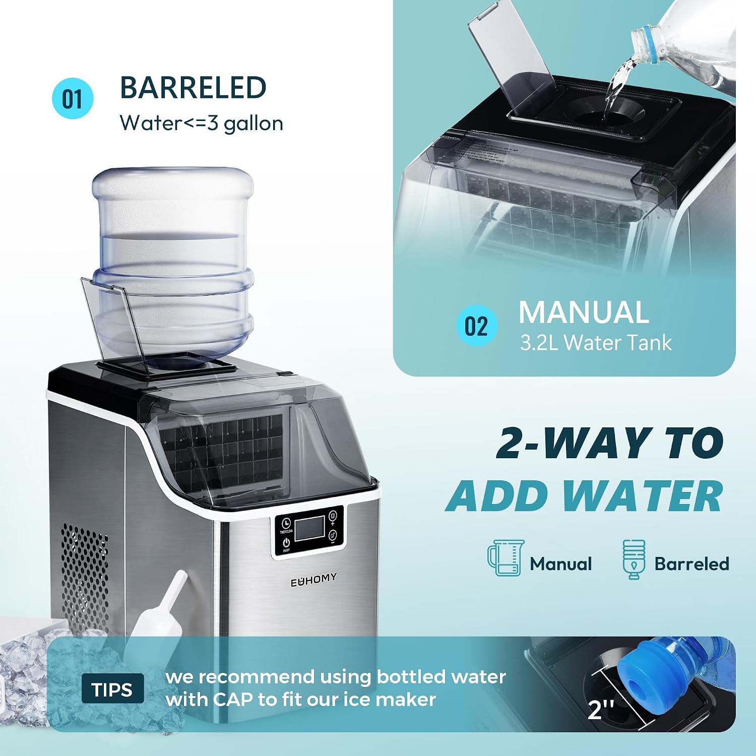 EUHOMY Ice Cube Maker Machine Countertop, 45Lbs/Day, 24Pcs Cubes/13 Mins