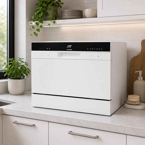 SPT SD-2224DW ENERGY STAR Countertop Dishwasher with Delay Start - Portable Dishwasher with Stainless Steel Interior and 6 Place Settings for Apartment Office And Home Kitchen, White