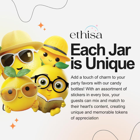 Ethisa Small 12 Pack Lemon Party Favors - DIY Candy Jars with Ribbons and Stickers - Party Decoration Bottles for Wedding, Birthday, and Baby Shower - Lemon Table Centerpieces