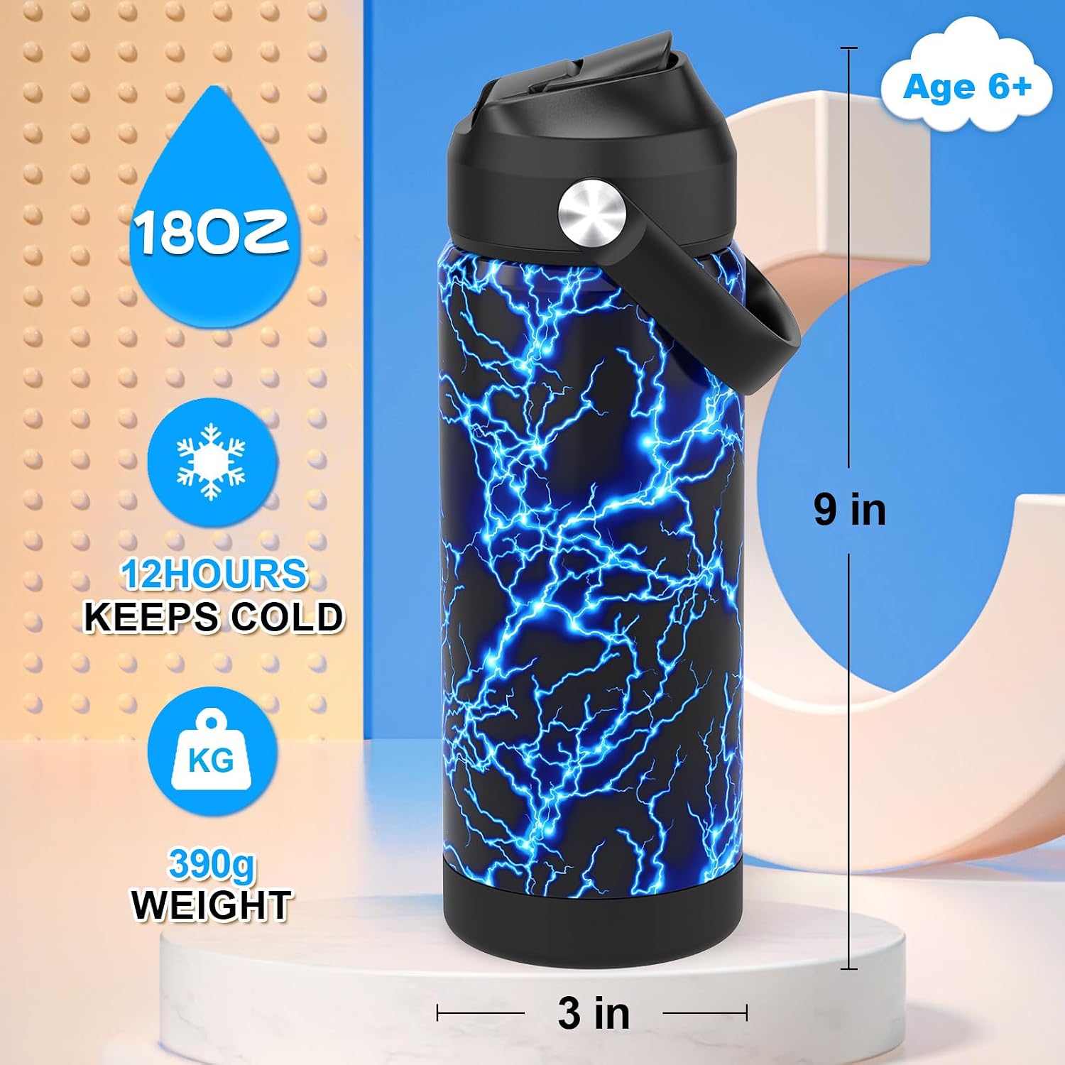Boys Water Bottle with Straw,18 oz Kids Insulated Cups with Stainless Steel Leak Proof for School,Sport&Travel（Lightning）