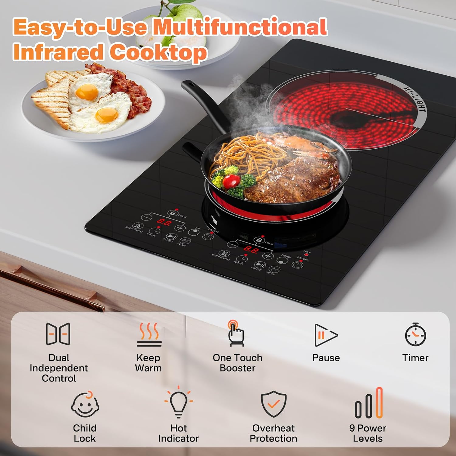 2 Burner Electric Stove 12 inch Hot Plate for Cooking, Built-in Infrared Cooktop, 120V Ceramic Hotplate Plug in Infrared Cooker, Countertop and Built-in Compatible