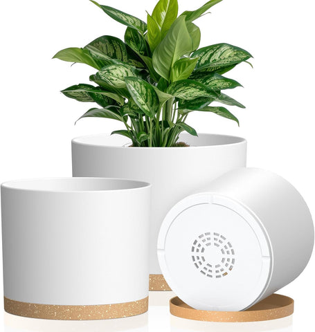 Plant Pots, 10/9/8 Inch 3 Pack Cylindrical Flower Pots with Drainage Holes and Saucers, Plastic Planters for Outdoor Indoor Plants,White Brown