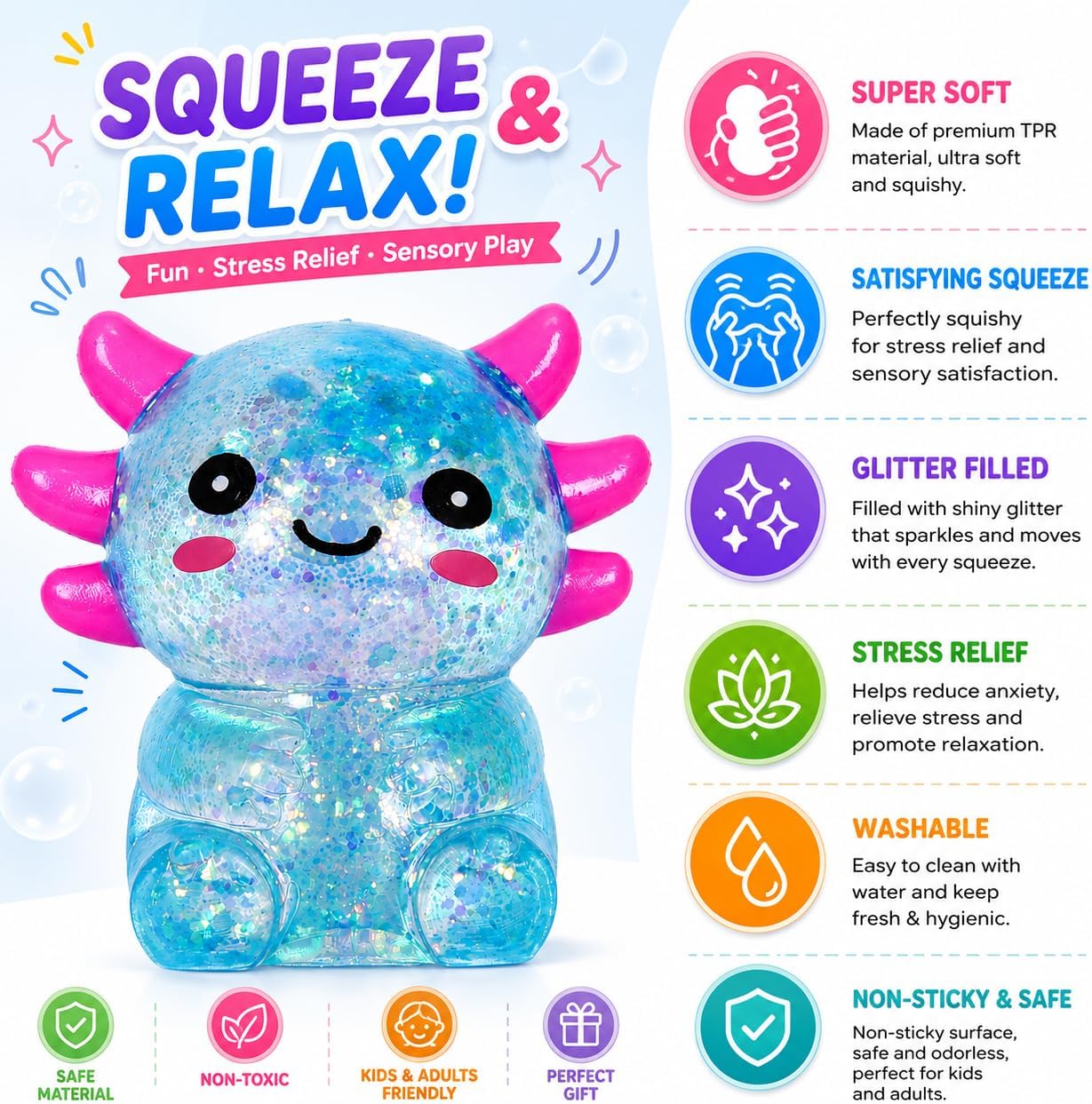 Axolotl Squishy Stress Ball, Cute Soft Slow Rising Squishy Toy, Calming Fidget Squeeze Toy Sensory Toy for Stress Relief Kids Adults