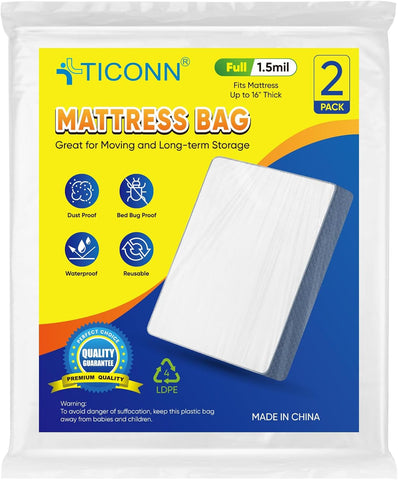 TICONN 2PK Plastic Mattress Bags for Moving, Waterproof Mattress Cover