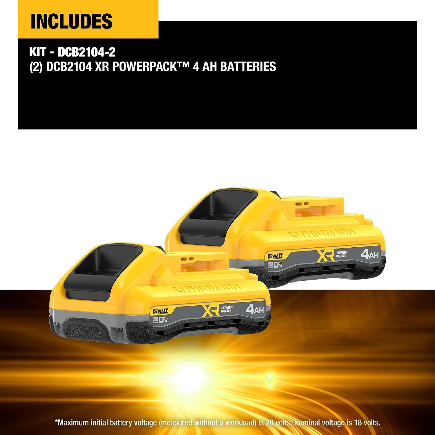 DEWALT 20V MAX XR POWERPACK™ Battery, 4Ah Lithium Ion, 50% More Power, Compatible with All 20V MAX Tools, 2 PK (DCB2104-2)