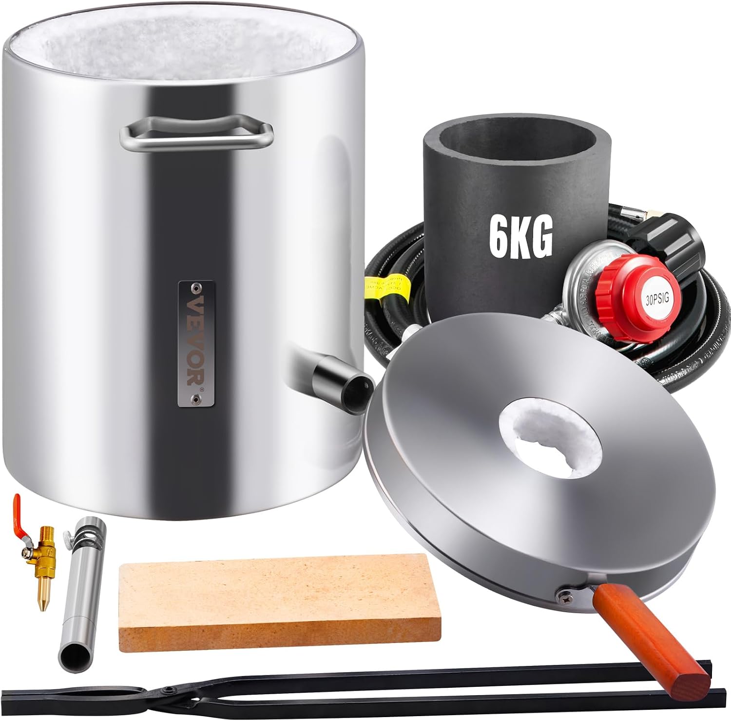 VEVOR 6KG Propane Melting Furnace Kit, Large Capacity Foundry Home Kilns, Blacksmithing Forge with Crucible & Tongs Kiln, Stainless Steel, for Metal Scrap Recycle, Gold Copper Silver Casting