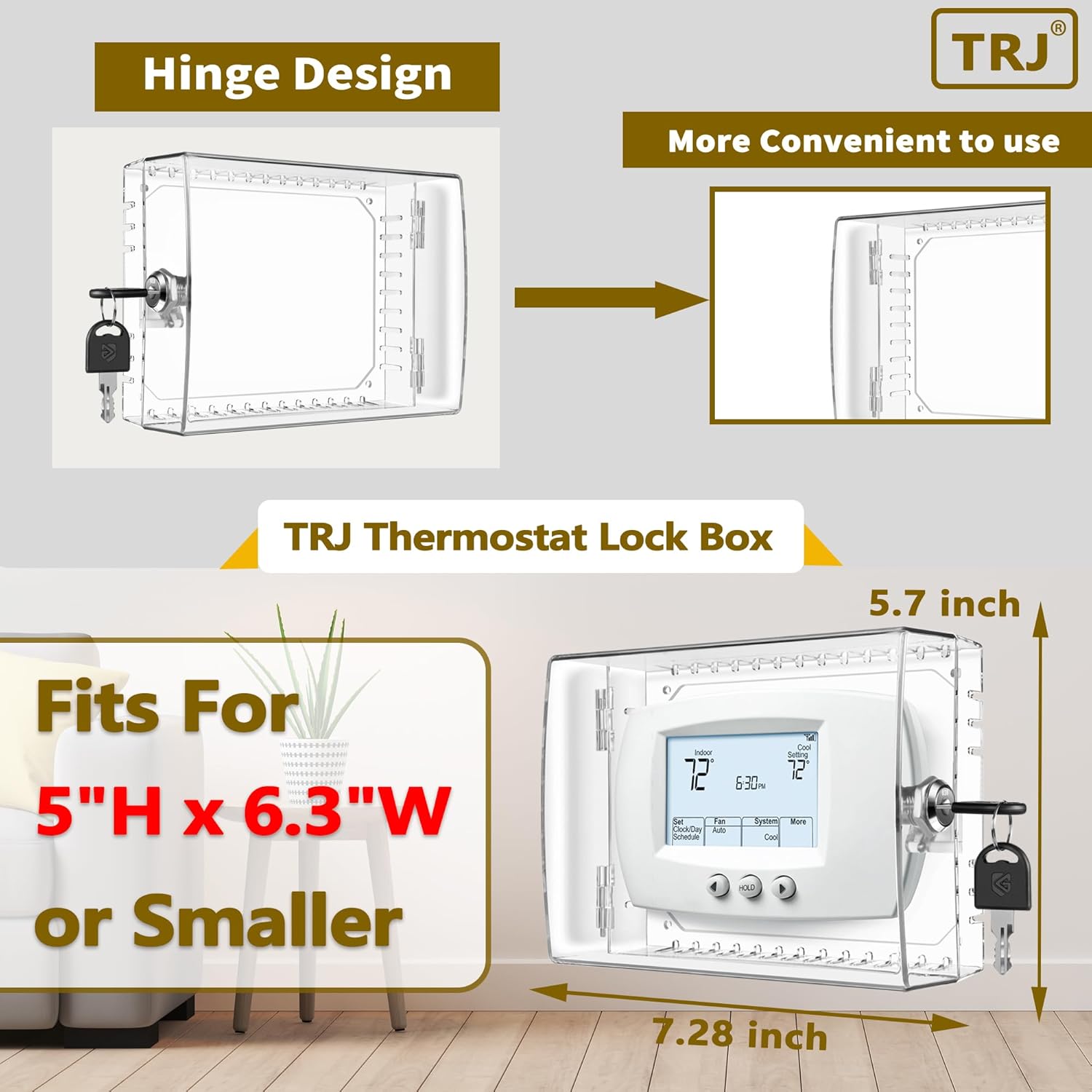 TRJ Large Thermostat Lock Box with Key, Clear Thermostat Cover with Lock for Thermostat on Wall, Lockable Thermostat Lock Box Cover, AC Lock Box Cover with Key Fit Thermostats 4" H x 6" W or Smaller