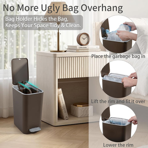 Small Bathroom Trash Can with Lid, 2.1 Gallon Slim Step Trash Can, Brown