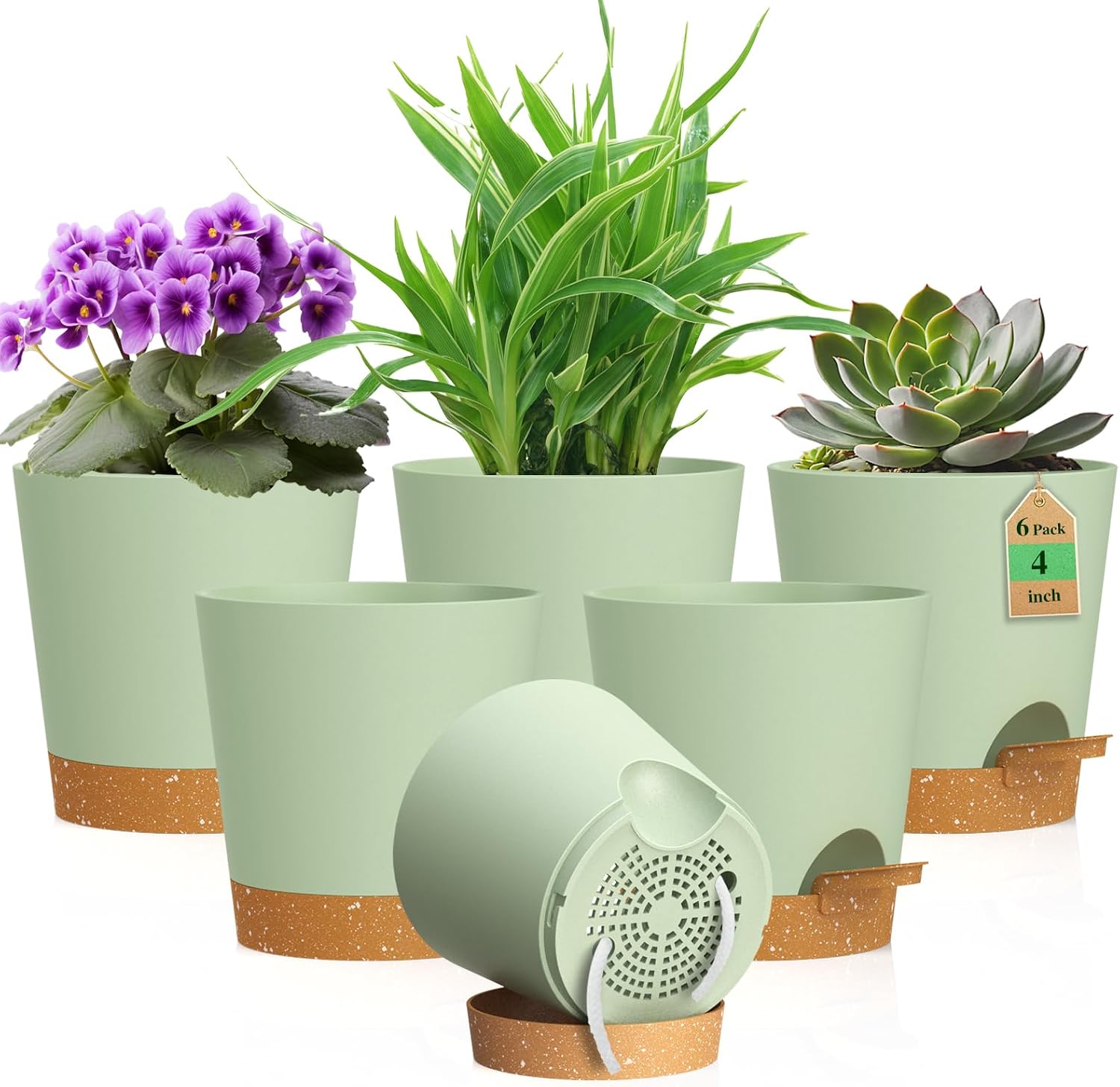 WSMKSZ 4 inch Self Watering Pots for Indoor Outdoor Plants, 6 Pack Plastic Flower Planters with Drainage Holes and Removable Saucers, Plant Pots with Wicking Rope, Modern Decor, Green Brown