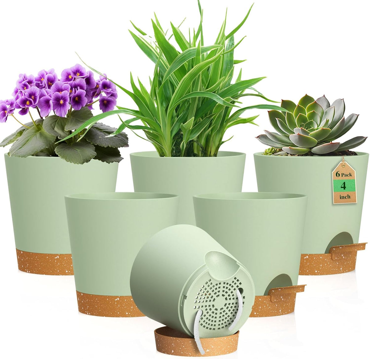 WSMKSZ 4 inch Self Watering Pots for Indoor Outdoor Plants, 6 Pack Plastic Flower Planters with Drainage Holes and Removable Saucers, Plant Pots with Wicking Rope, Modern Decor, Green Brown
