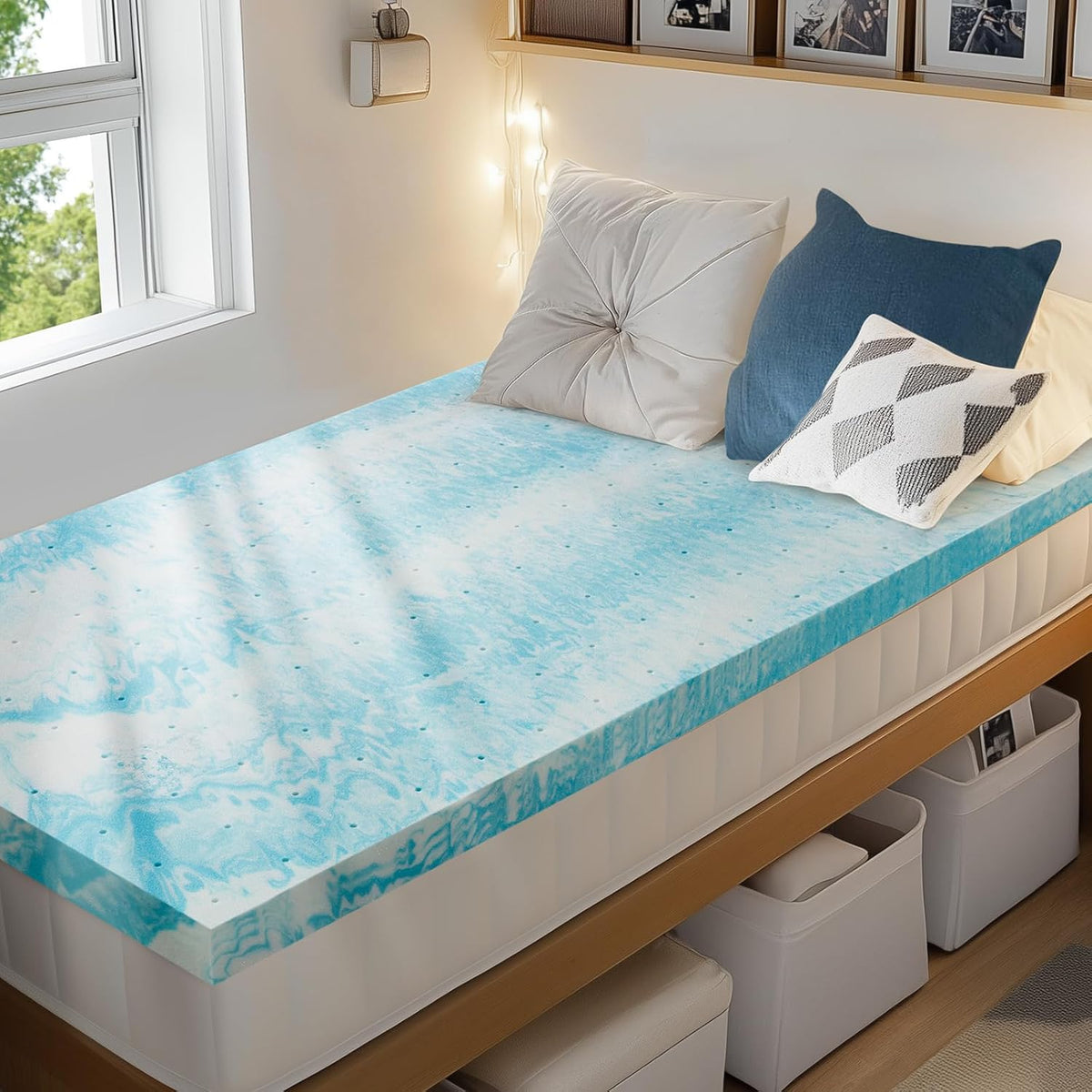 PERLECARE 3 inch Twin XL Ventilated Memory Foam Mattress Topper, Blue