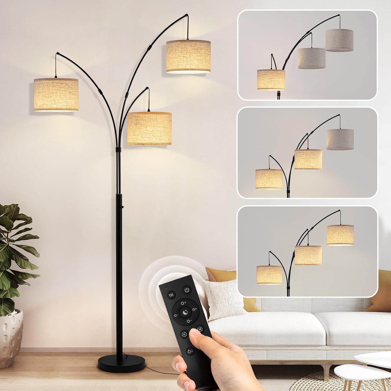 3 Light Arc Floor Lamp with Remote, Beige Shade Black Pole