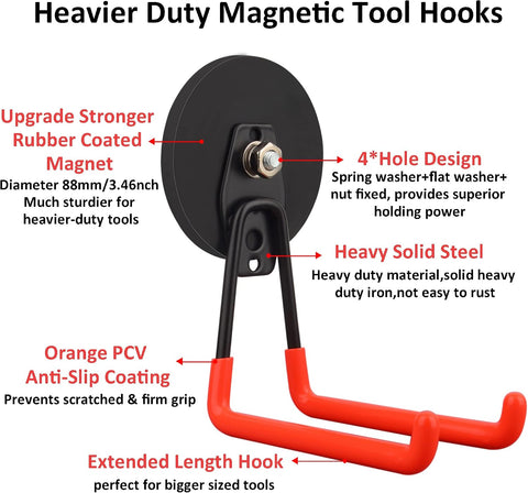 ULIBERMAGNET Magnetic Hooks,Heavy Duty Magnet Hook,Large Manget with Hooks for Hose,Jig Saw,Circular Saw,Workshop Organization,2 Pack Tool Hooks for Hammer Drill,Garden Tool(3.46inch/Orange)