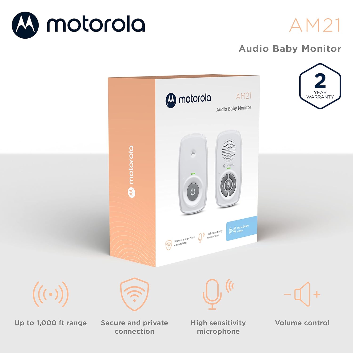 Motorola Nursery Audio Baby Monitor, No WiFi, Long Range 1000 ft, Volume Control, DECT Private Connection, Cry Detection, Portable Battery Parent Unit, Ideal for Safe Monitoring, No App, AM21